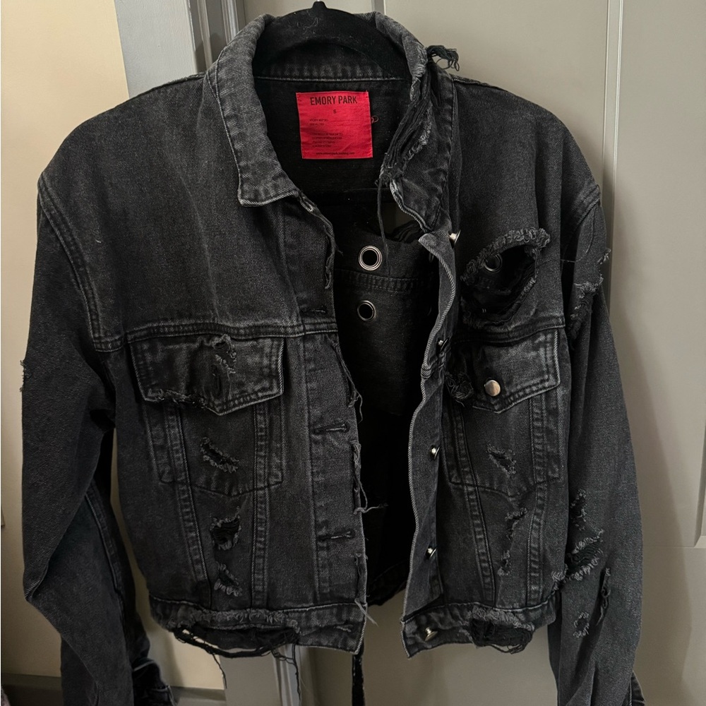 Emory Park Black Denim Jacket with Grommet Details